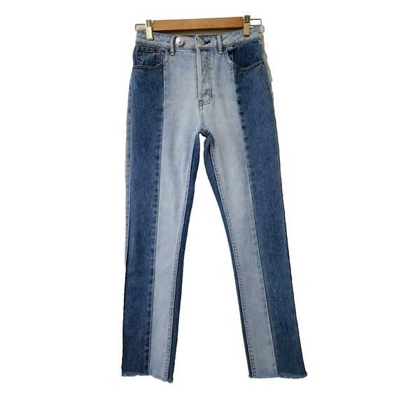 PacSun Denim - PacSun Womens Two Tone Distressed Mom Jeans Blue Cotton Button Fly Raw Hem 25/26